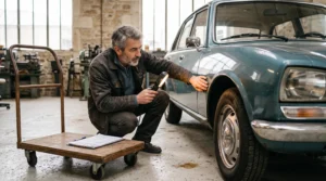 Un expert automobile examine la carrosserie d'une voiture ancienne dans un atelier éclairé en lumière naturelle.