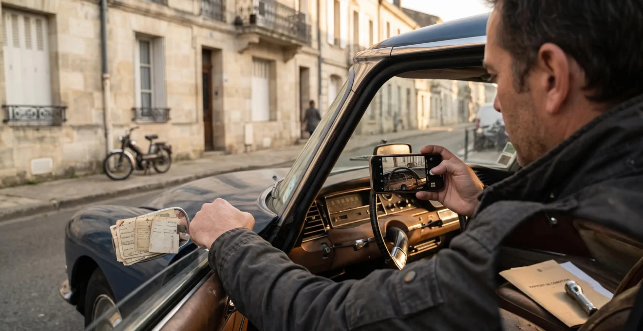 Un expert photographie l'intérieur d'origine d'une voiture de collection avec un smartphone, son rapport d'inspection posé sur le siège.