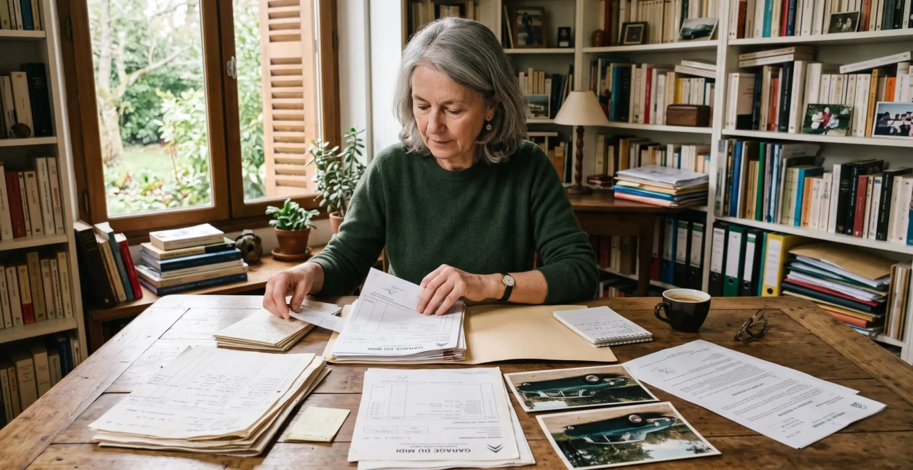 Une femme classe des factures et des documents d'entretien de son véhicule ancien sur une table en bois chez elle.